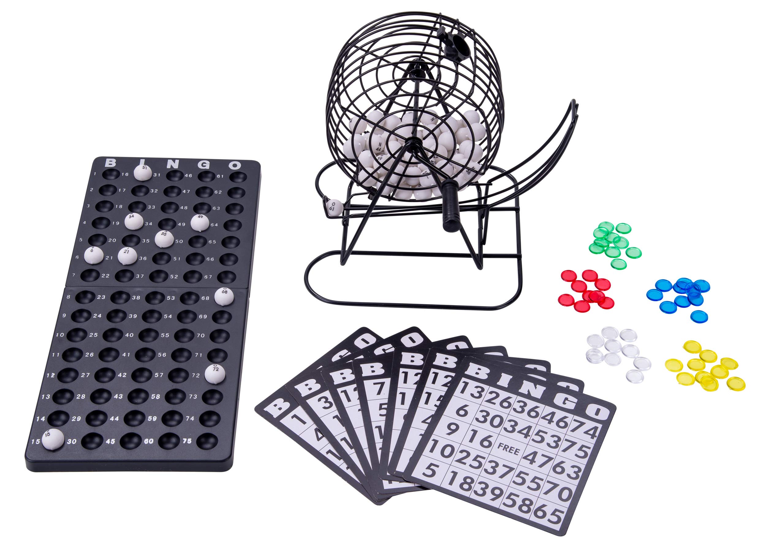 Engelhart - Mini jeu de bingo complet avec sphère - 360564 - Bingo Set Round Cage 14 inch, 75 Balls,18 Cards, 150 Coloured Markers Lotto Family lottery