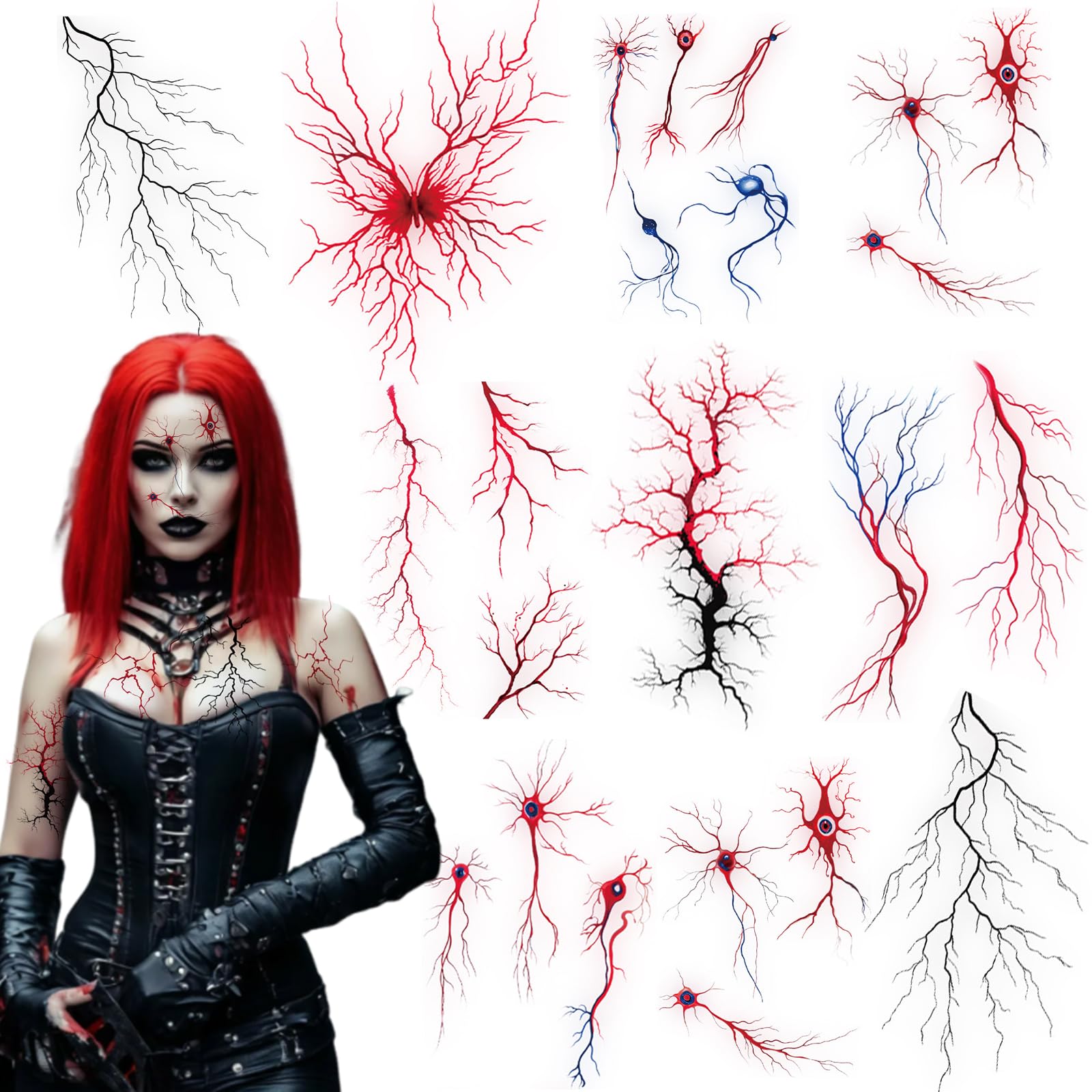 Photo 1 of 10 Sheets Halloween Temporary Tattoos Stickers Blood Vessel Fake Scars Waterproof Tattoo Design for Halloween Cosplay Party Women Men Makeup Decoration