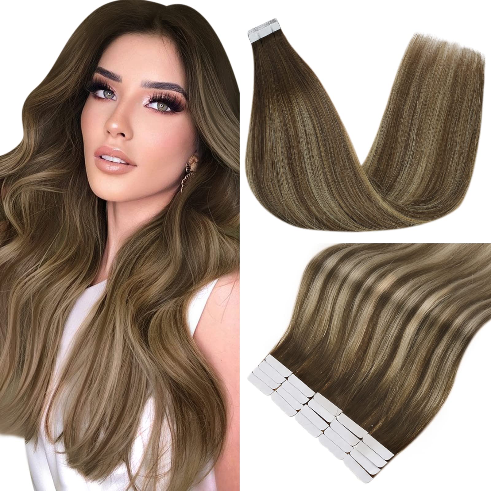Balayage Brown Tape in Hair Extensions Human Hair Remy Silky Soft Tape Hair Extensions Balayage Dark Brown Fading to Caramel Blonde with Dark Brown 16 inch 20 Pcs 50 g โ image 1
