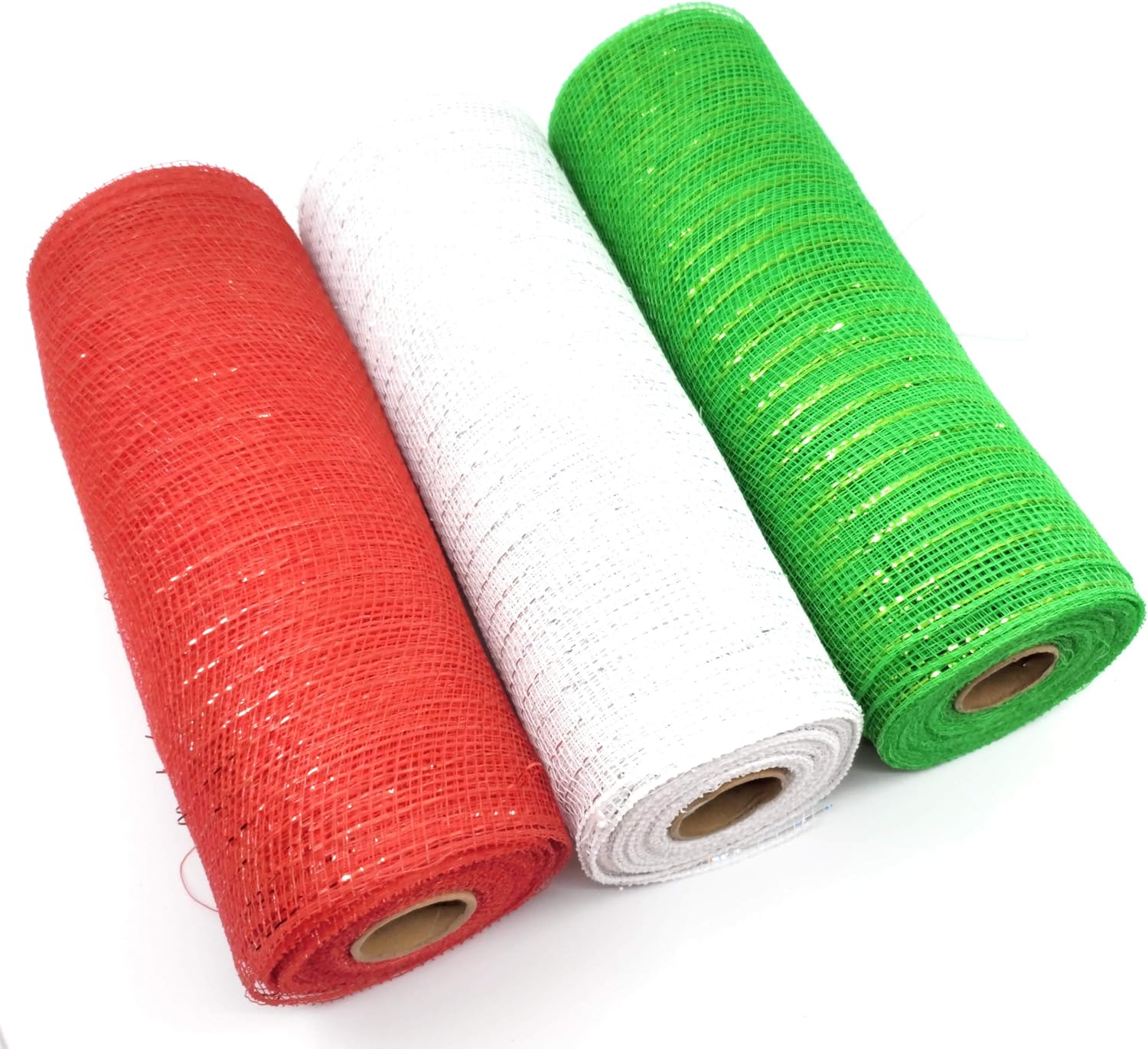 Traditional Christmas 10" Wide, 10 Yard Decorative Mesh Metallic Ribbon Rolls (Santa Claus Red, Snow White, Tree Green)