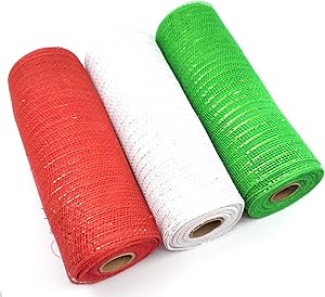 Traditional Christmas 10" Wide, 10 Yard Decorative Mesh Metallic Ribbon Rolls (Santa Claus Red, Snow White, Tree Green)