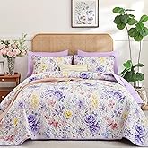 WONGS BEDDING Botanical Quilt Set King Size, Purple Floral Leaves Pattern Bedspread Coverlet Set, 3 Piece Soft Microfiber Bedding Set with 2 Pillowcases for All Season (104"x90")