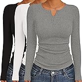 Ekouaer Women's Long Sleeve Shirts 3 Packs Henley Button Down Tops Ribbed Slim Fit Base Layer Soft Thermal Tee