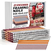 1000 Count 21 Degree Framing Nails, 2" x 0.113" Full Round Head, Ring Shank, Hot Dipped Galvanized, Plastic Collated Nails for 21&deg; Round Head Framing Nail Guns