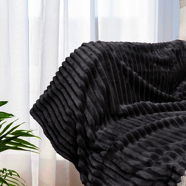 PAVILIA SOFT FLEECE KING BED BLANKET, FUZZY PLUSH FLANNEL, WARM COZY RIBBED MICROFIBER FOR SOFA COUCH, LIGHTWEIGHT STRIPED, BLACK, 108X90
