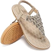 Harence Womens Summer Flats Sandals: Casual Bohemian Dressy Thong Flat Shoes Comfortable Slip on Elastic Ankle Strap Beach Sandal