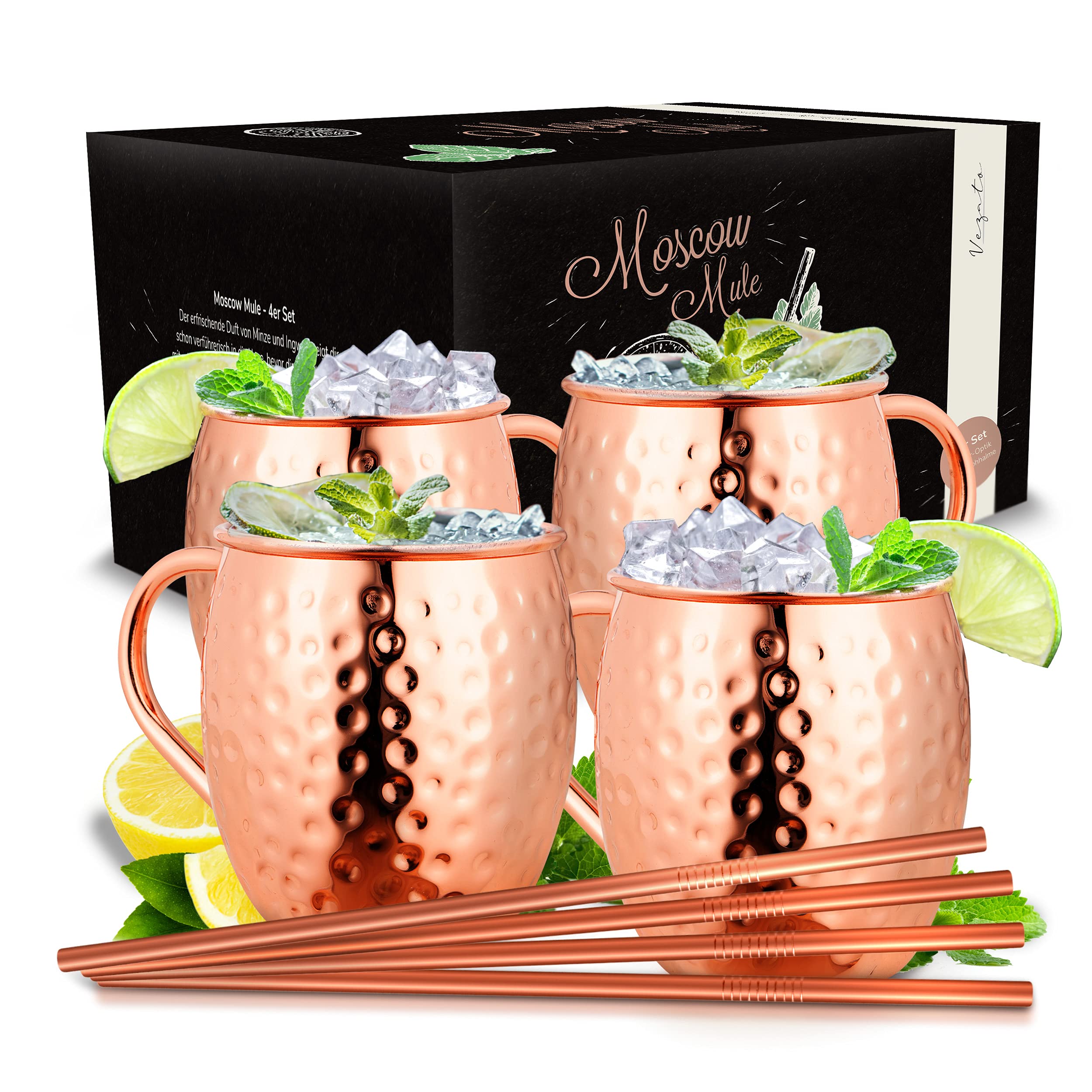 Vezato Moskau Mule Glass [500ml] - Copper Glass with Straws - Handmade [4 Pieces] - Stainless Steel