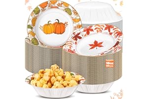 Sliner 50 Pcs 16 oz Fall Thanksgiving Disposable Paper Bowls 2 Styles Pumpkin Autumn Maple Leaves Compostable Soup Bowl for Party Picnic Hot Soup Snack Salad Serving Catering Event Supplies(Classic)