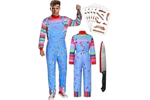 LENOAPHYS 【5 Sizes】 Adult Halloween Costume Chucky Costume for Men Women Long Sleeve Overalls Prop Knife Toy Scar Tattoos