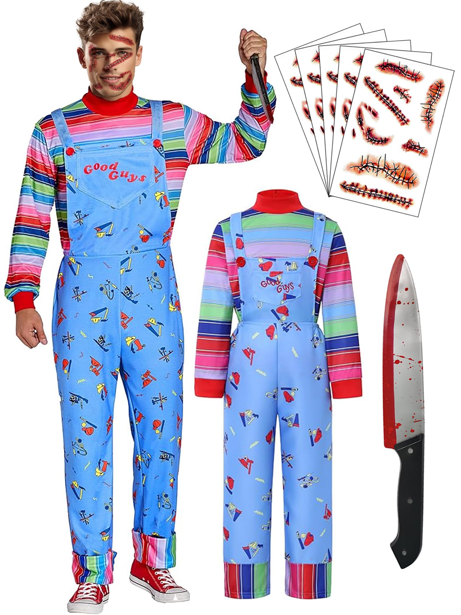 Photo 1 of ?5 Sizes?Halloween Costume Chucky Costume for Adults Men Outfit Women Long Sleeve Overalls Prop Knife Toy Scar Tattoos - S Size