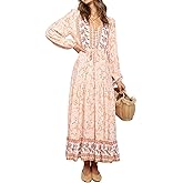 R.Vivimos Women's Long Sleeve Cotton V-Neck Button Up Floral Print Boho Flowy Midi Dresses