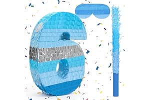 Birchio Number 6 Pinata Bundle with a Blindfold and Bat(16.2 x 10.9 x 4 Inches), Perfect for Boys and Girls Birthday Party Supplies, Blue Theme Birthday Decoration