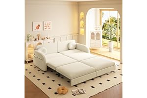 LuxyHoom 65.4'' Pull Out Couch Bed Queen Size, Chenille Sleeper Sofa Daybed, 3 in 1 Convertible Couches, Futon Sofa with 2 Pillows, Storage Pockets, USB, Loveseat for Small Spaces, Living Room, Beige