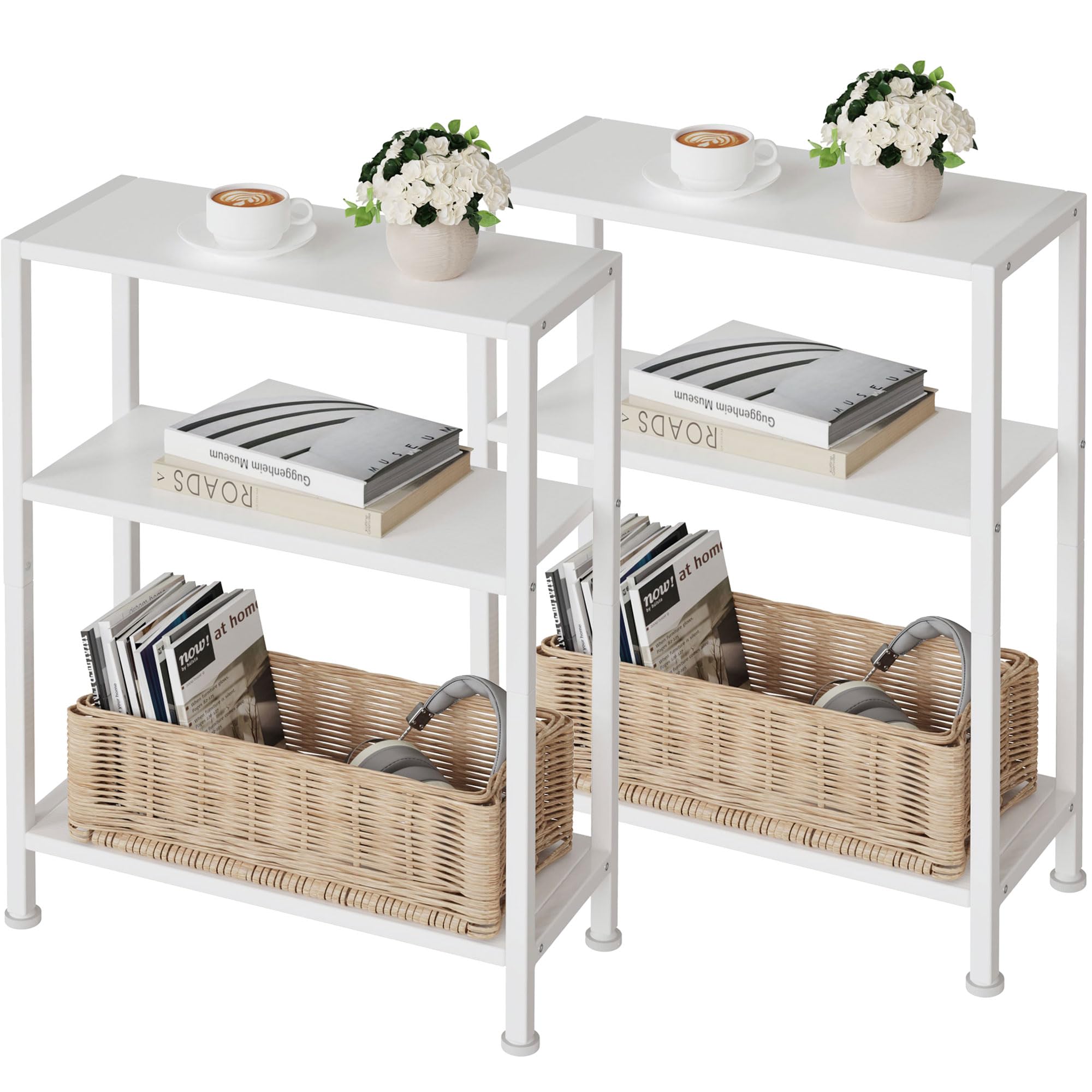 Vantimo 3-Tier Side Table Set of 2, Small End Table, Sofa Side Table for Narrow Spaces, Slim End Table, Nightstand Table, for Living Room Bedroom Office, White