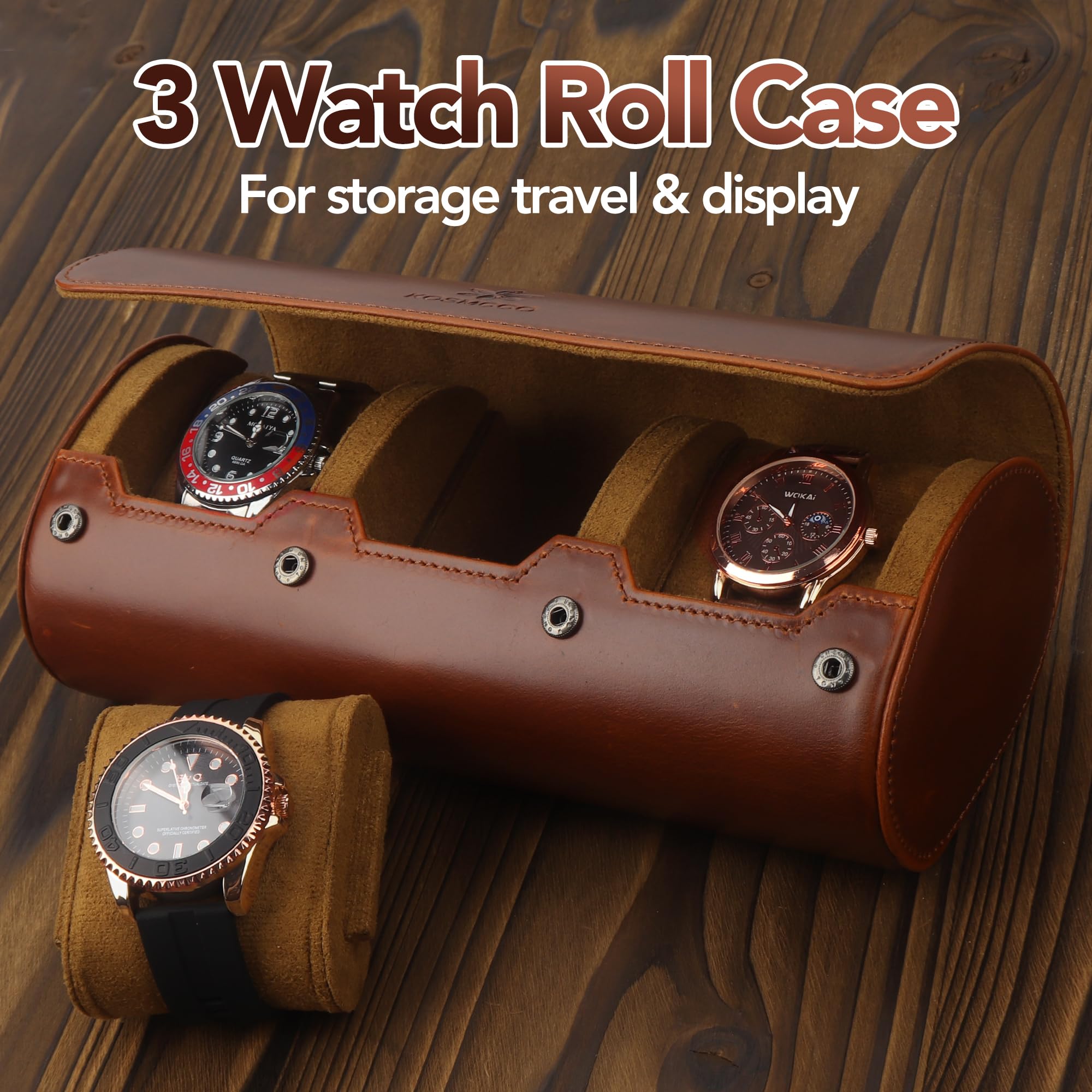 KOSMCCO Watch Roll Travel Case - Leather Watch Roll 3 Watch Travel Case, Storage Organizer and Display Case (Whiskey Brown)