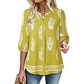 Gaharu Womens Summer Tops 3/4 Puff Sleeve V-Neck Dressy Casual Blouses Boho Floral Shirts