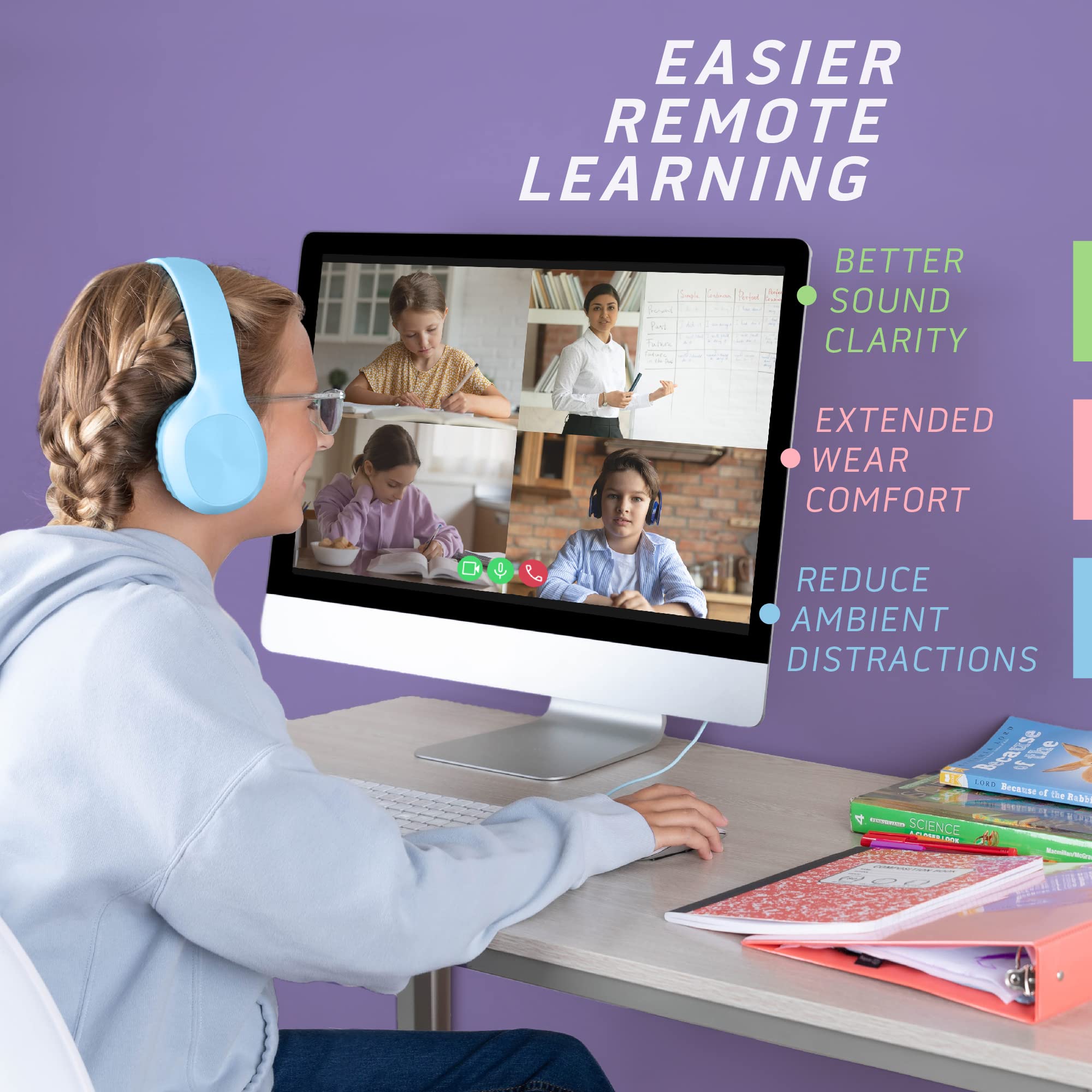 Kids Headphones for School Bulk Set 5-Pack On-Ear, 3.5mm, Wired Headphones for Schools & Libraries – Adjustable, Cushioned Wired Kids, (Mixed Colors)