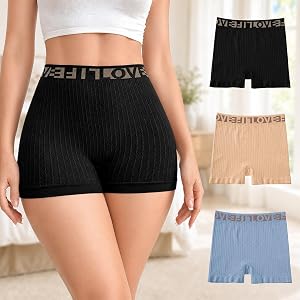 3 Pack Women High Waist Boxer Briefs, Seamless Knit Panties with LOVE Letter, Tummy Control Breathable Stretch Underwear