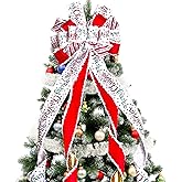 Christmas Tree Topper Bow Christmas Wreath Bow 52x13 Inches Large Burlap with White Red Polyester Edge Gift Bow for Xmas Tree Décor Christmas Home Indoor Outdoor Decoration