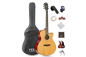 Fesley Full Size Acoustic Guitar Kit, 41'' Steel String Cutaway Grand Auditorium Guitar with Upgraded Gig Bag, Capo, Strap, Strings, Picks, Winder, FF60 Natural