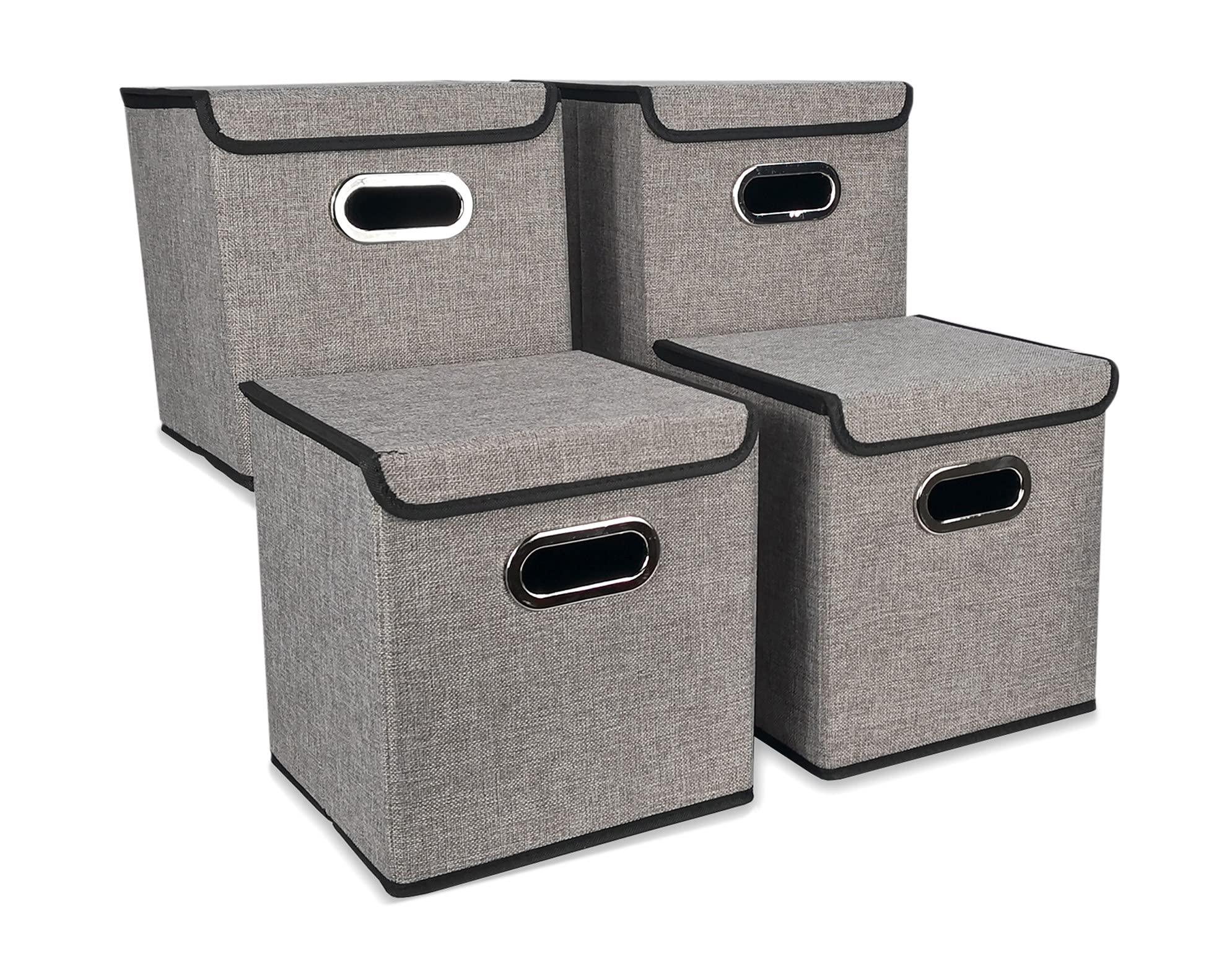 1 Click Buy Large Foldable Storage Bin with Lid [4 Pack] Linen Fabric Storage Box Organizer Containers Basket Cube with Handles for Nursery,Closet,Bedroom,Home,Office (Grey) 26 x 28 x 28cm