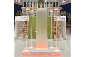 WQZLYG Church Pulpit with Led Lights, 46” Podium Stand for Churches, Transparent Acrylic Pulpits with Wheels& Spacious Reading Platform, Clear Lectern for Speech (40”L*17.7”W *46.6”H)