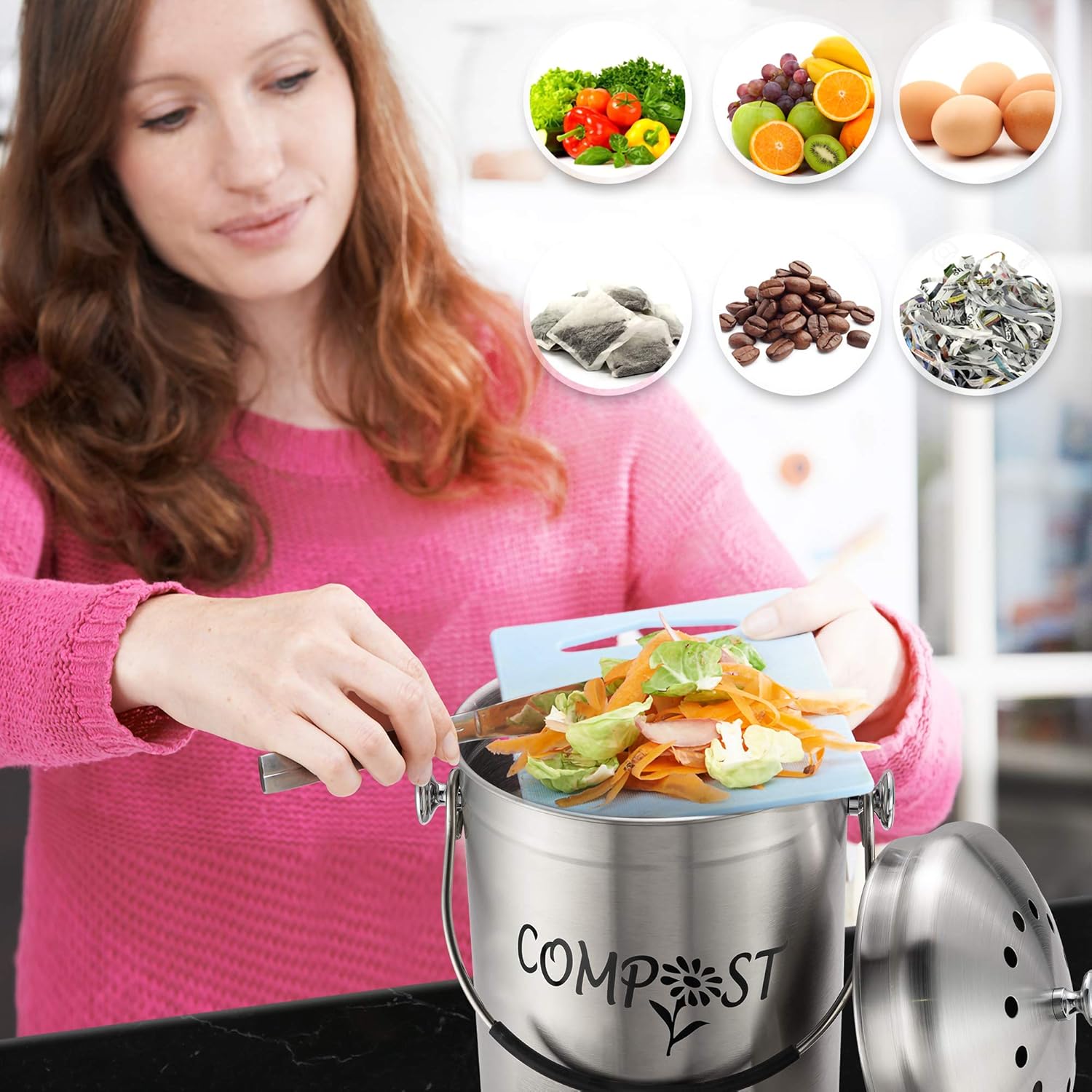 RED FACTOR Deluxe Compost Bin for Kitchen Worktop, Stainless Steel Food Waste Caddy with Innovative Dual Filter Technology - Image 3