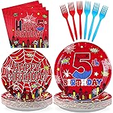Grencian 96Pcs Cartoon Spider Birthday Party Decorations Red Blue Spider 5th Birthday Party Plates Disposable Super Theme Paper Tableware Set for Spider Kids 5 Year Old Supplies, Serves 24