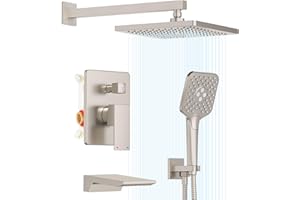 Gabrylly Shower System with Tub Spout, Wall Mounted Tub Shower Faucet Set for Bathroom with High Pressure 10" Rain Shower head and 3-Setting Handheld Shower Head Set, Brushed Nickel