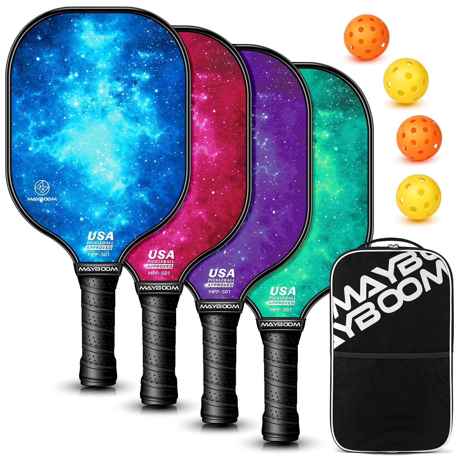 Mayboom Pickleball Paddles Set of 2 or 4, USAPA Approved Pickleball Paddles Set with 4 Pickleball Balls and Pickleball Carry Bag, Fiberglass Pickle Ball Rackets 2 Pack for Beginners(4colors) Image