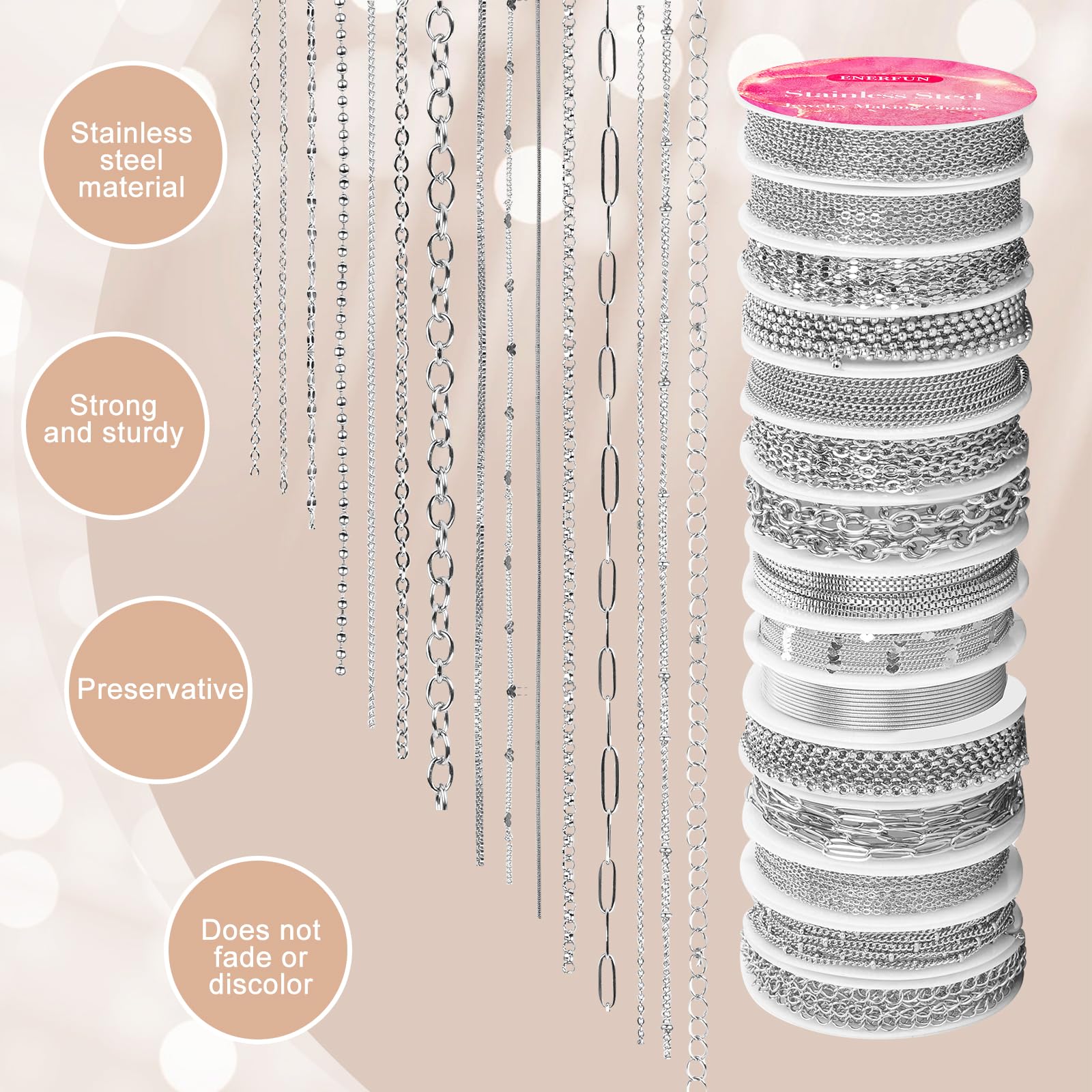 Necklace Chains for Jewelry Making, 111.5 Feet 15 Rolls Stainless Steel Jewelry Chains for DIY Necklace Bracelet Jewelry Making Accessories with Stainless Steel Jump Rings/Lobster Clasps/Connectors