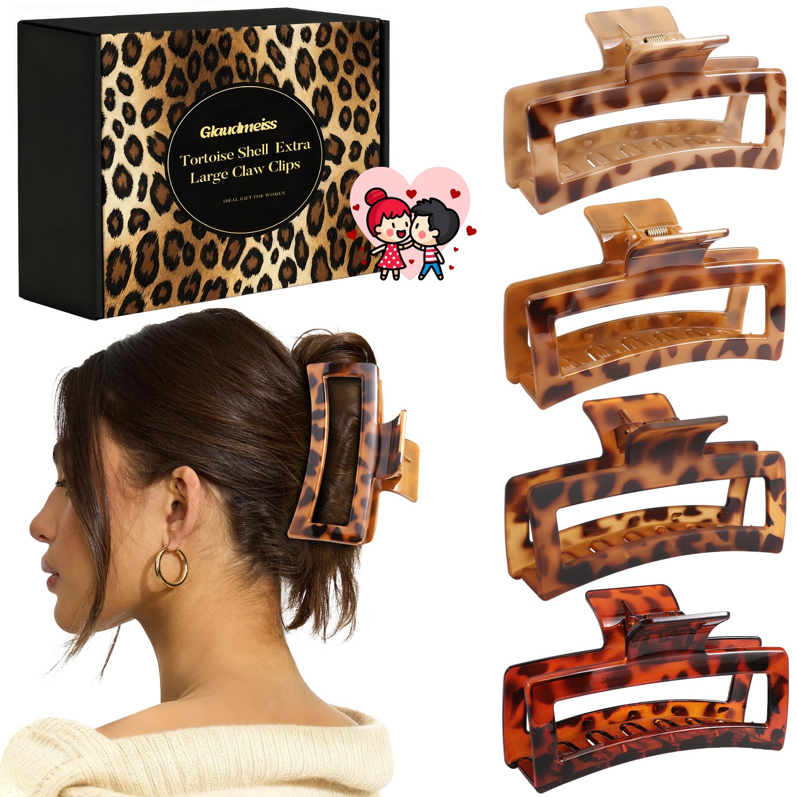 Photo 1 of 4 PCS 5 Inch Extra Large Claw Clip for Women, Tortoise Shell Jumbo Claw Clips for Thick Long Curly Hair, Rectangle Strong Hold Hair Clip, Non-slip Square Durable Hair Accessories, Valentine's Day Gift