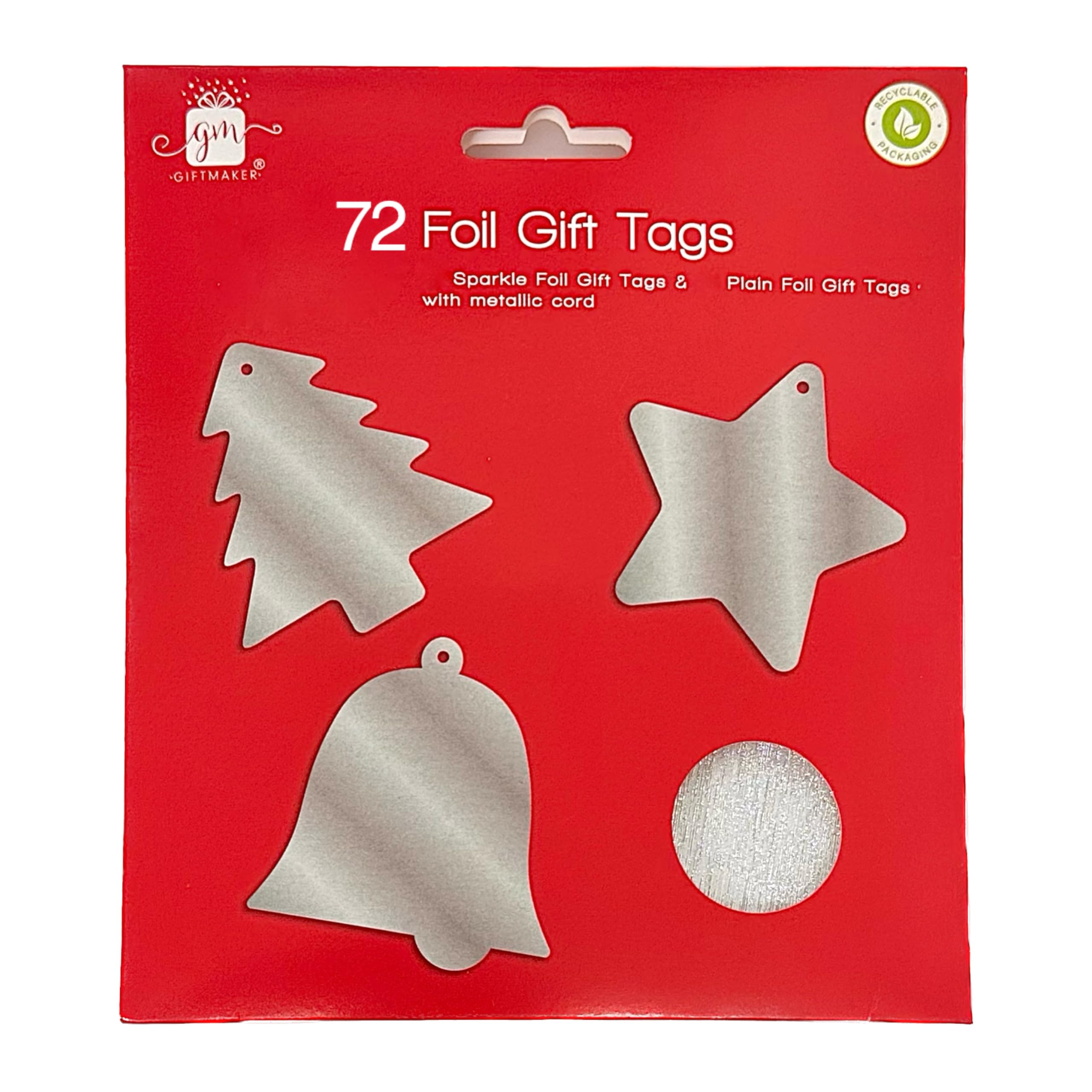 BG Festive Xmas Luxury Christmas Tags, Stylish Silver Glitter & Foil Tree Star Bell - Pack of 72