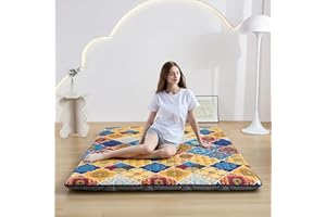 Zelladorra Japanese Floor Mattress Futon Mattress Twin, Anti Slip Floor Futon Mattress Sleeping Mat Foldable Floor Mattress for Camping and Guest, Boho Orange Checkered
