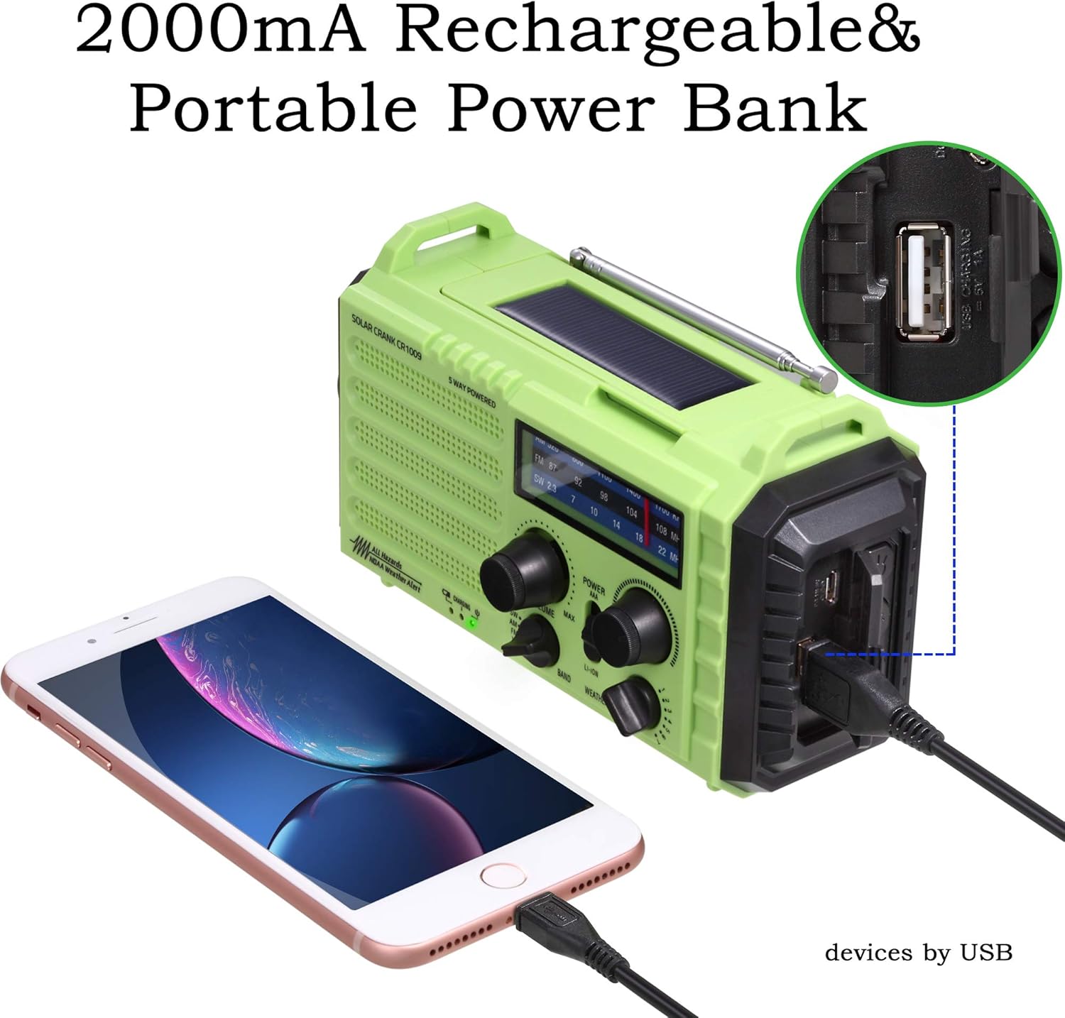 Weather Radio NOAA Alert Emergency Radio,Solar/Hand Crank/AM FM Shortwave Portable Radio with Battery Backup,SOS, Flashlight/Reading Lamp,2000mAh Rechargeable Battery,USB Charger for Outdoor Survival: Home Audio & Theater