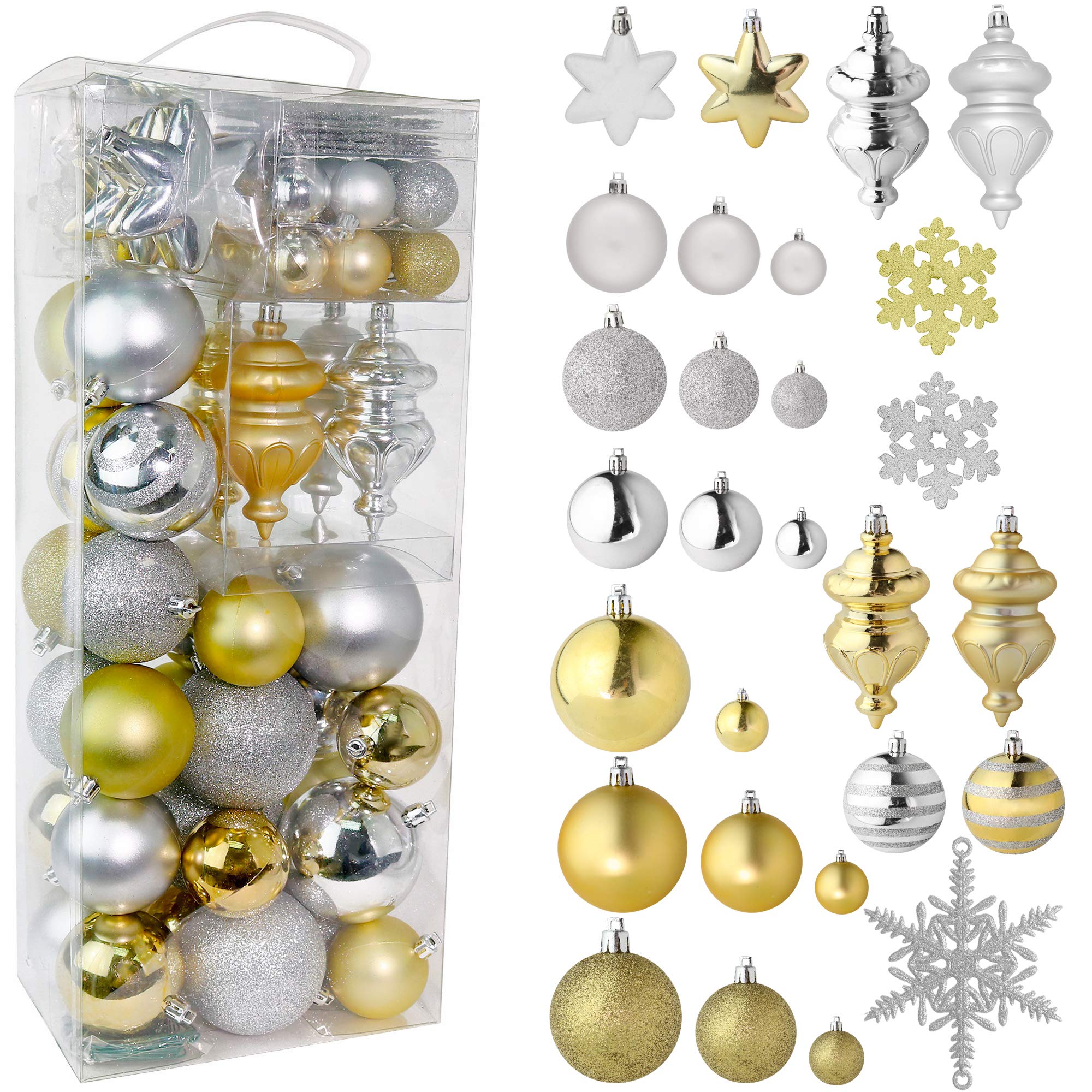 RN'D Christmas Snowflake Bauble Ball Ornaments - Christmas Hanging Silver and Gold Snowflake and Ball Ornament Assortment Set with Hooks