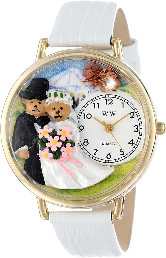 Whimsical Watches Teddy Bear Wedding White Leather and Goldtone Unisex Quartz Watch with White