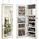 CHARMAID LED Mirror Jewelry Cabinet, 47.2'' Jewelry Armoire with Adjustable Lighted Full Length Mirror, Wall Mounted or Door Hanging, Lockable Jewelry Organizer Storage (Grayish White, 47.2''H)
