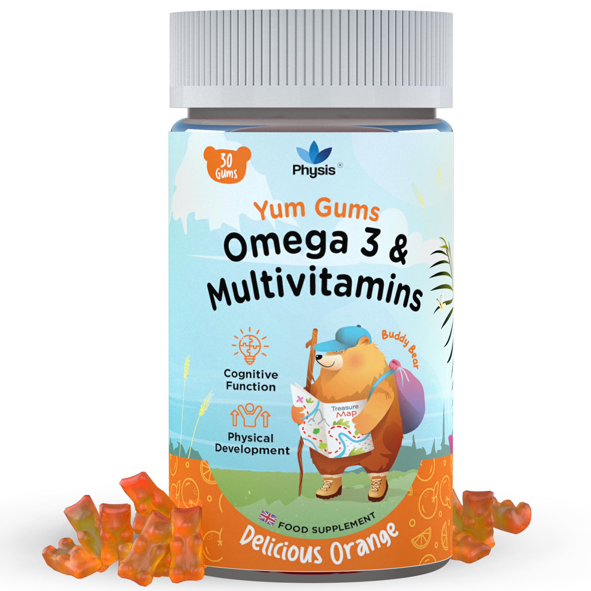 Physis Kids Multivitamin & Omega 3 Gummies | Ages 2+ | 30 Orange Flavour Chewable Gummies with Vitamins C, D, Omega 3 & More | Kids Chewies for Cognition, Energy & Support Growth | Children's Vitamins