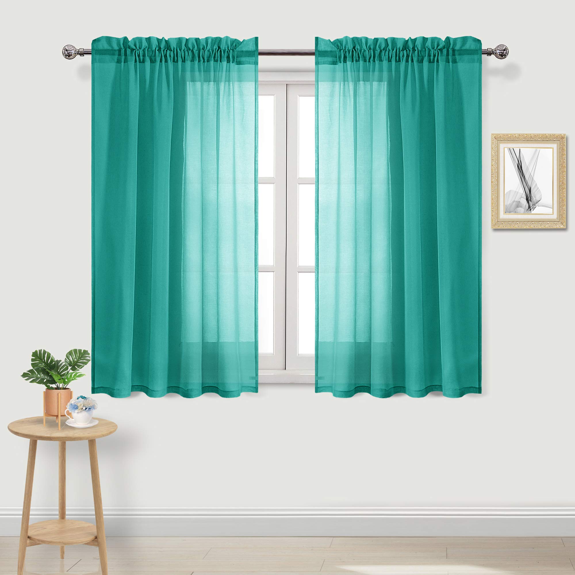 DWCN Sheer Curtains Linen Effect Rod Pocket for Living Room 52x45 inch Teal 2 Panels
