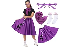 Rabtero Kids Sock Hop Costume, Girls 1950s Dress Costume, 50's Poodle Skirt with Scarf, Glasses and Socks