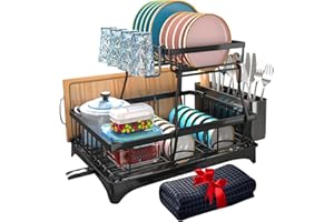Godboat Dish Drying Rack, 2-Tier Dish Racks for Kitchen Counter, Dish Rack with Drainboard & Mat, Dish Drainer with Knife, Fork & Cup Rack, Gifts for Women, Mothers Day, Cool Stuff & Kitchen Gadgets