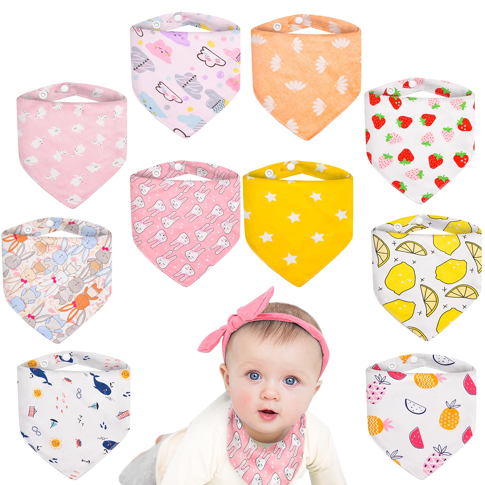 MOLENKY Baby Bibs, Set of 10, 100% Cotton, Soft & Absorbent, Drool Bibs for Boys & Girls, 3-36 Months, Unisex, Machine Washable