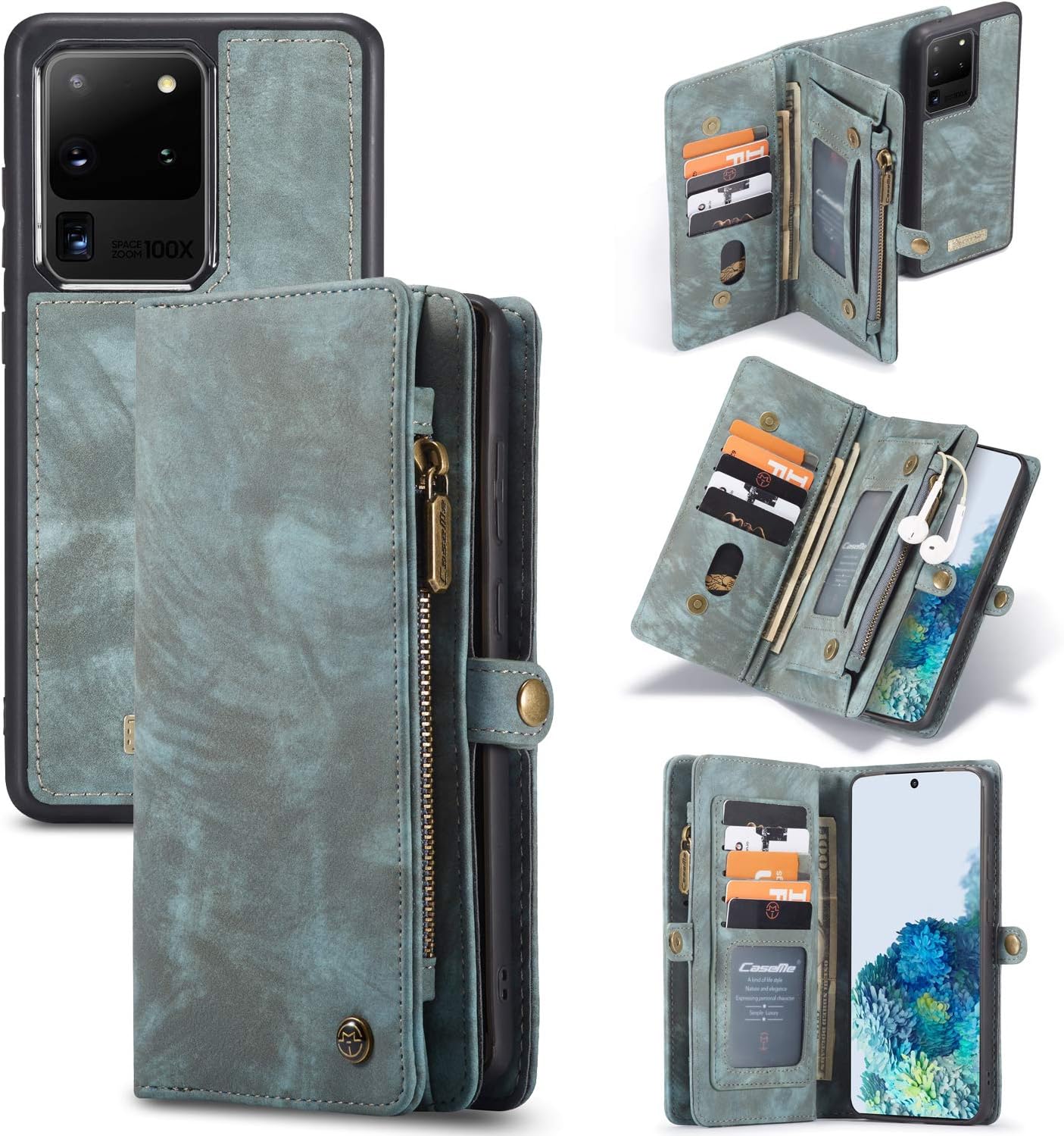 ANROD Detachable Leather Wallet Case for Samsung Galaxy S20 Ultra,CaseMe Magnetic Closure 2-in-1 Flip TPU Shockproof Zipper Purse Back Cover with Card Slots (Blue) - Image 3