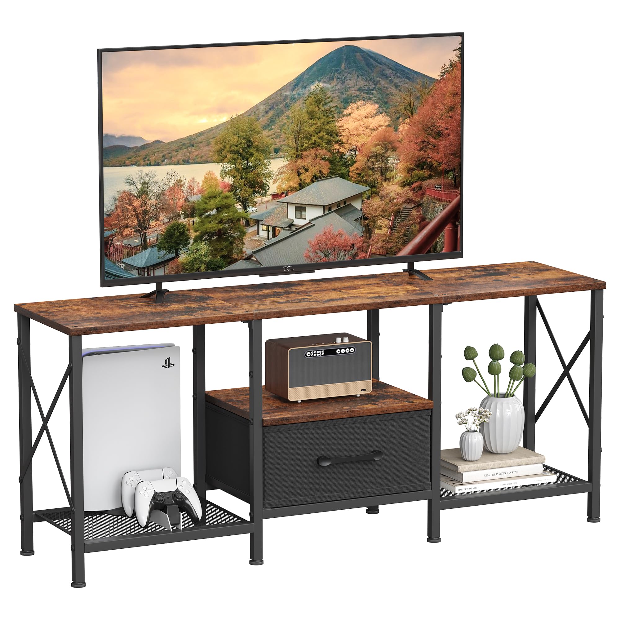 Photo 1 of JARHETUN TV Stand with Fabric Drawer, Entertainment Center for 50 55 Inch TV, Industrial TV Console Table with Open Storage Shelves for Living Room, Bedroom, Rustic Brown