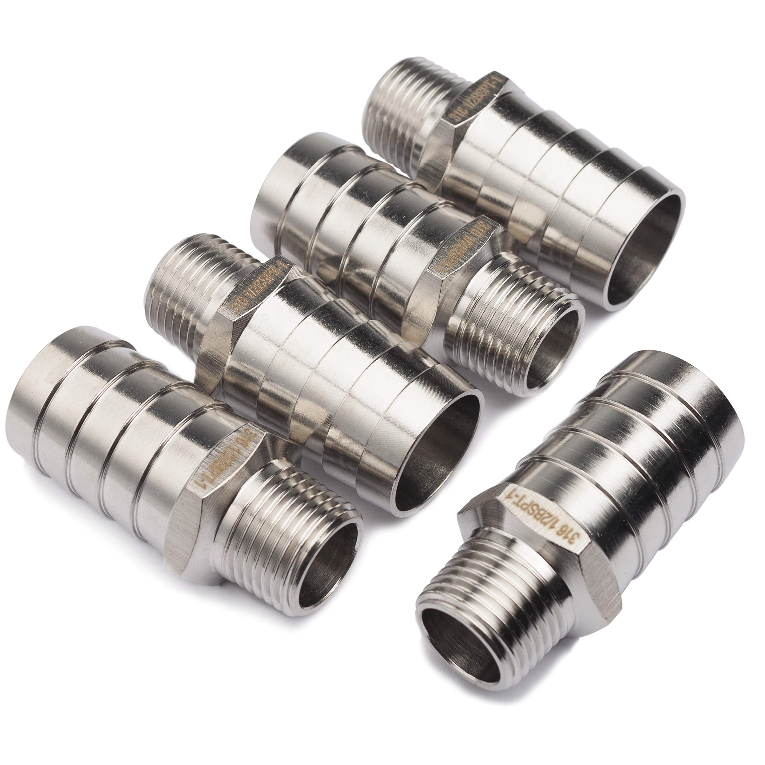 LTWFITTING Stainless Steel 316 Barbed Fitting Connector 1/2" Male BSPT x 1"(25mm) Hose Barb Fuel Gas Water (Pack of 5)