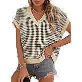 Dokotoo Womens Casual Summer Tops V Neck Short Sleeve Plaid Knit Vest Loose Fit Pullover Sweaters Blouses
