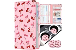 Slohif Car Registration and Insurance Holder - Cherry Vehicle Glove Box Organizer Women with Magnetic Shut Leather Automobile License Holders Coasters Auto Accessories Case for Document