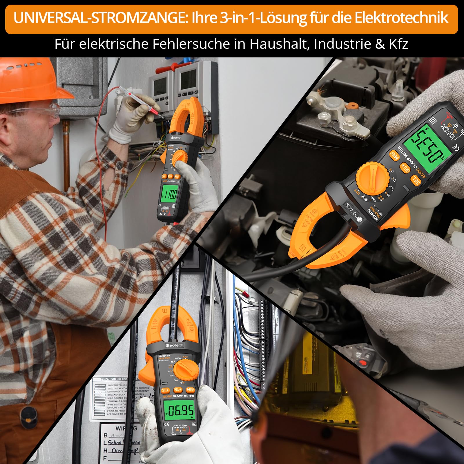 Neoteck Digitales Stromzangenmessgerät TRMS 6000 counts 800A AC/DC Strom AC/DC Spannung NCV Durchgang Kapazität Widerstand Frequenz Diode Test 6