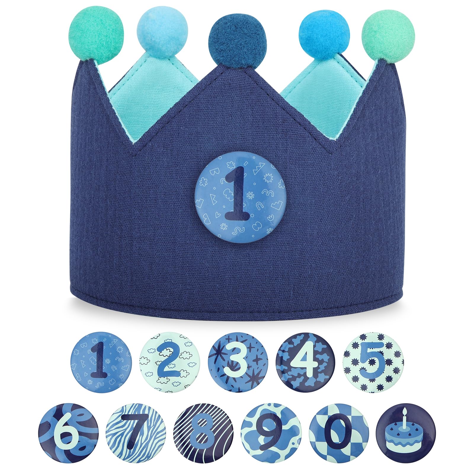 URAQT Birthday Crown for Kids, Reversible Birthday Crowns for Kids with 0-9 Replaceable Number Badges Felt Crowns Hats Fabric Crown for Boys Girls（Blue + Turquoise）